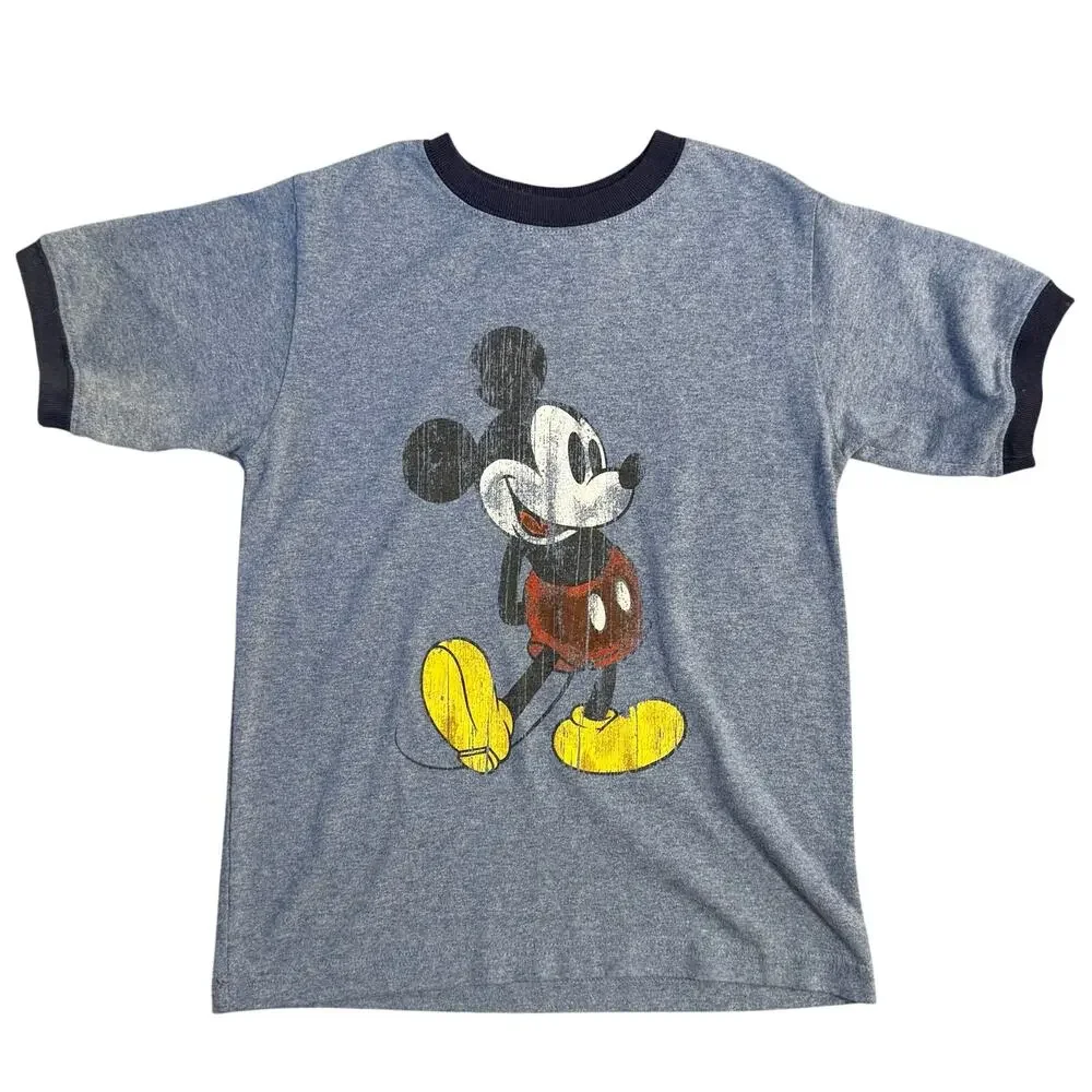 VTG Y2K Mickey Mouse Ringer T-Shirt Distressed Walt Disney World Kids Blue Small